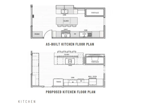 Plan of kitchen with wood cabinets, a blue tile backsplash and an island with four stools