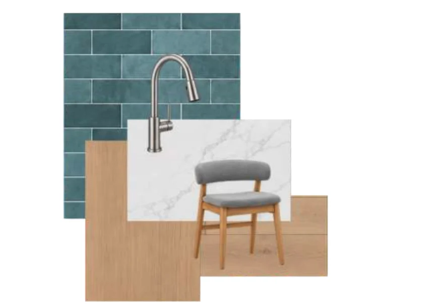 A kitchen renovation mood board featuring teal subway tiles, a stainless steel kitchen faucet, a piece of white marble, a light wood surface, and a grey dining chair with wood legs.