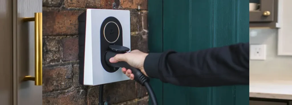 A hand plugging an electric vehicle charging cable into a wall-mounted charger on a brick surface.