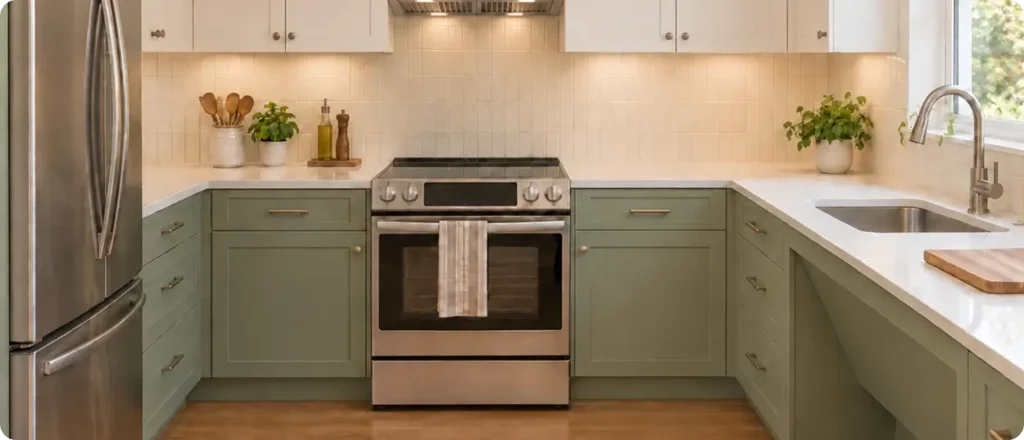 Modern kitchen in the Greater Seattle Area with sage green lower cabinets, white uppers, stainless appliances, a stove with a towel, sink, countertop plants, and under-cabinet lighting—ideal for Aging in Place Remodeling.