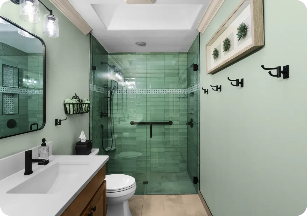Accessible walk-in shower with a bench and grab bars